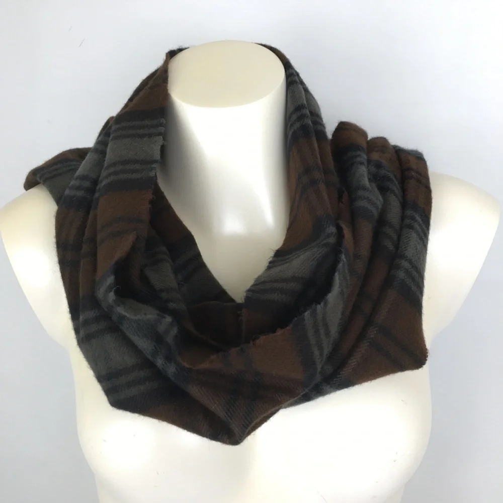 100% Cashmere Made in Scotland Chocolate Brown Latte Plaid Fringe Scarf Unisex
